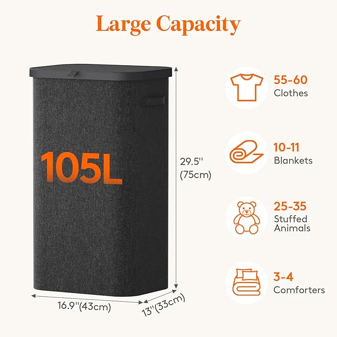 Lifewit 105L Laundry Basket with Lid, Large Laundry Hamper with Plastic Handles and Removable Bag, Foldable Tall Dirty Clothes Hampers for Laundry for Laundry Room, Bedroom, Bathroom, Dorm, Dark Gray