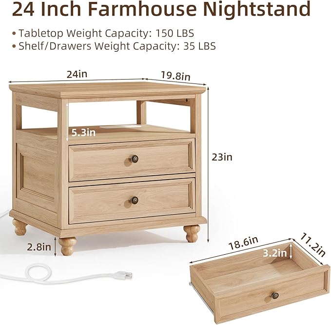 Farmhouse Nightstand Set of 2 with Charging Station, 24" Wide End Table with 2 Drawers,Natural Dresser for Bedroom,Bed Side Table Chest of Drawers Cabinet, Night Stand for Living Room