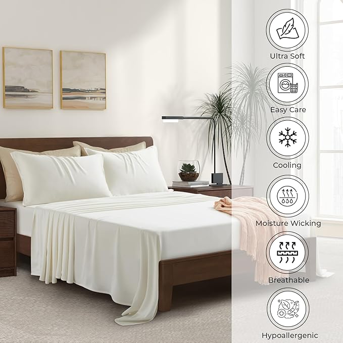 Split King Size Sheet Set | 2 Fitted Sheets for Sleep Number & Adjustable Beds | Organically Grown | Ultra Soft & Cooling |100% Viscose | 17" Deep Pocket [Ivory]