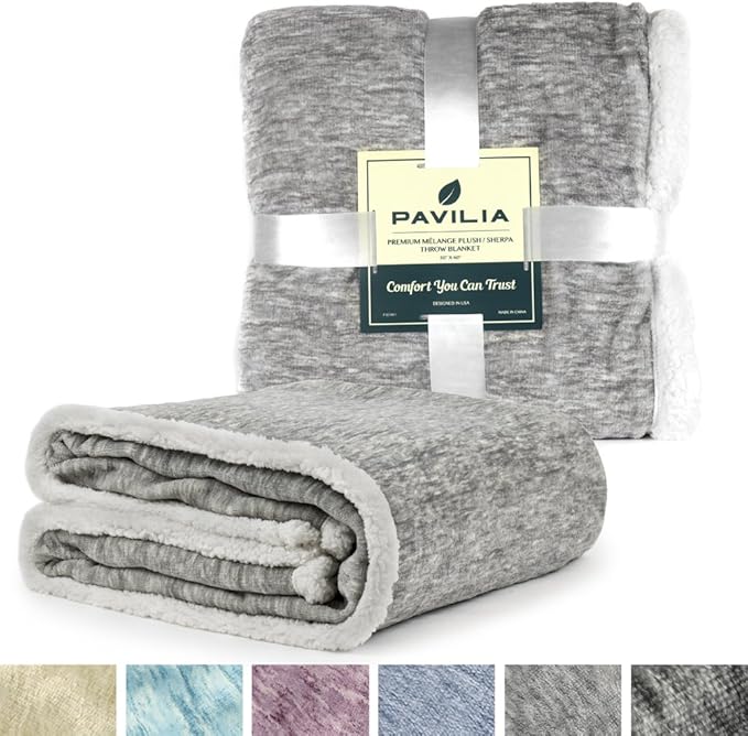 Premium Sherpa Melange Throw Blanket for Couch, Sofa by Pavilia | Soft, Fluffy, Plush, Warm, Cozy | Light Gray Fuzzy Lightweight Microfiber, Luxury Modern Reversible TV Blanket | 50 x 60 Inches