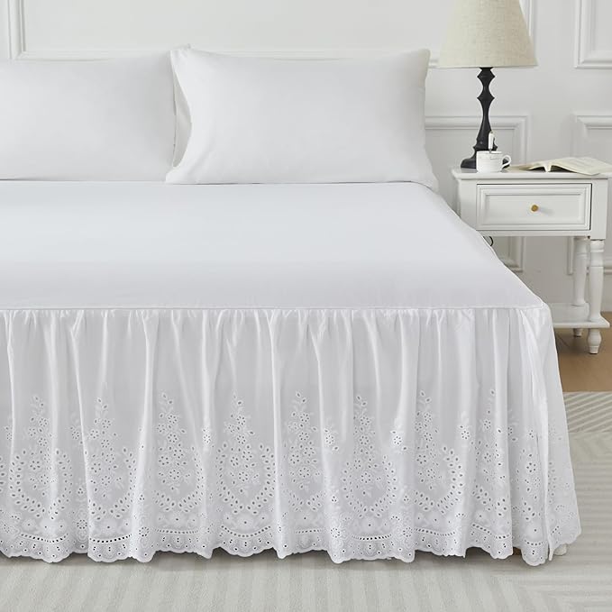 Brandream White Eyelet Bed Skirt King Size 100% Cotton Ruffled Dust Ruffle Bed Skirt 18 Inch Drop with Embroidered Floral Design Queen Size Beds