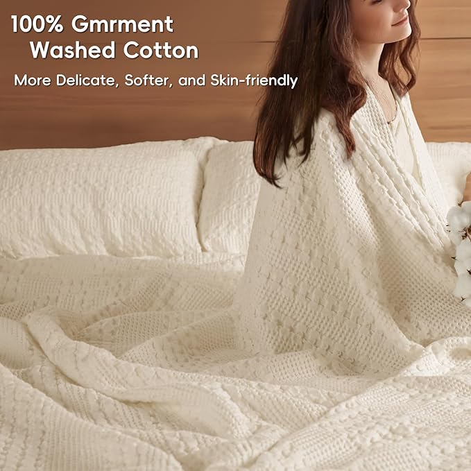 PHF 100% Cotton Waffle Weave Blanket King Size for Bed, Soft Lightweight & Breathable, All-Season Comfort, Luxury Aesthetic Woven Bedding for Home Decor, 108"x90", Natural