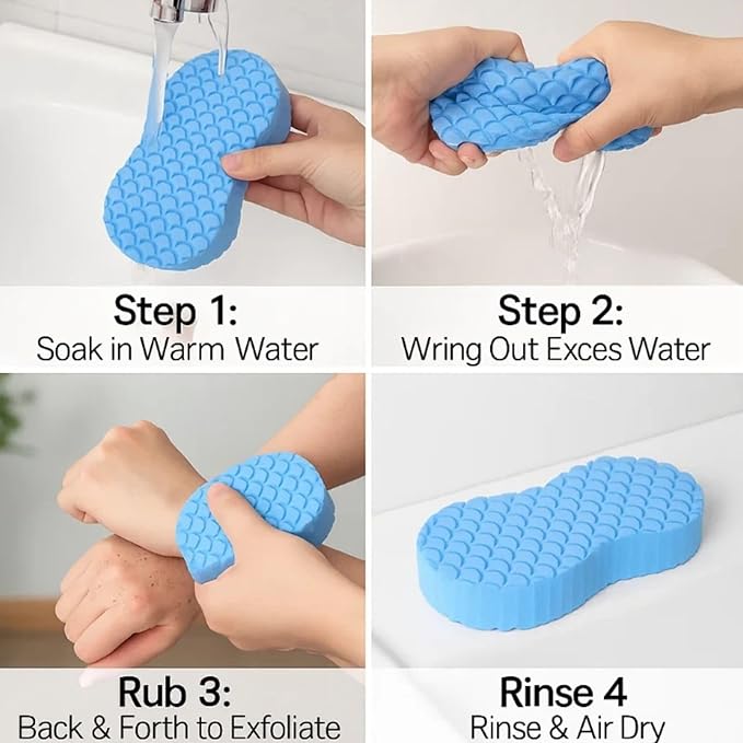 Skin Scrubber Exfoliator - 3D Super Soft Body Scrub Sponge for Dead Skin Removal, Reusable Skin-Friendly Exfoliator Also a Gentle Bath Sponge for Baby, for Adults, Kids & Pregnant Women (Blue+Pink)