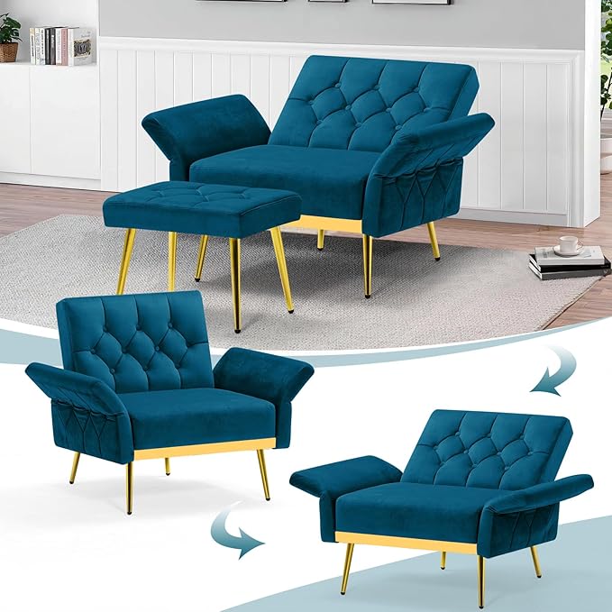 Velvet Accent Chair w/Adjustable Armrests and Backrests, Tufted Single Sofa with Ottoman, Upholstered Reading Chiar for Living Room, Apartment, Bedroom, Teal
