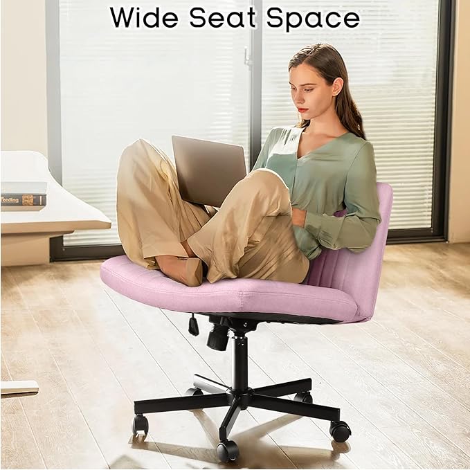 PUKAMI Criss Cross Chair with Wheels,Fabric Padded Armless Cross Legged Office Desk Chair for Home Office,Modern Swivel Height Adjustable Wide Seat Computer Task Vanity Chair(Pink)