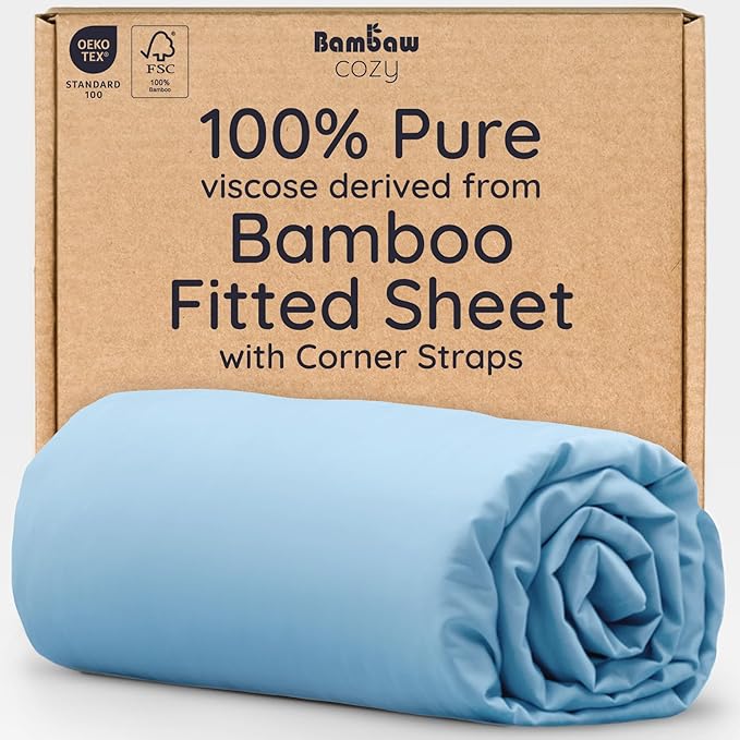Bambaw 100% Viscose Derived from Bamboo Fitted Sheet Twin Size, Twin Mattress Fitted Sheet Only, Cooling Fitted Sheet Twin Size, 15’’ Deep Pocket Blue Twin Fitted Sheet, Soft Fitted Sheet (Dream Blue)