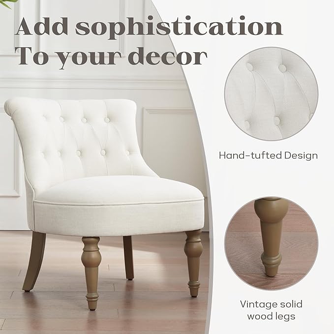 Living Room Chairs, Armless Accent Chair, Comfy Tufted Bedroom Chair, Upholstered Chair with Wooden Legs for Reading Room, Reception, Apartments and Dormitories (Beige)