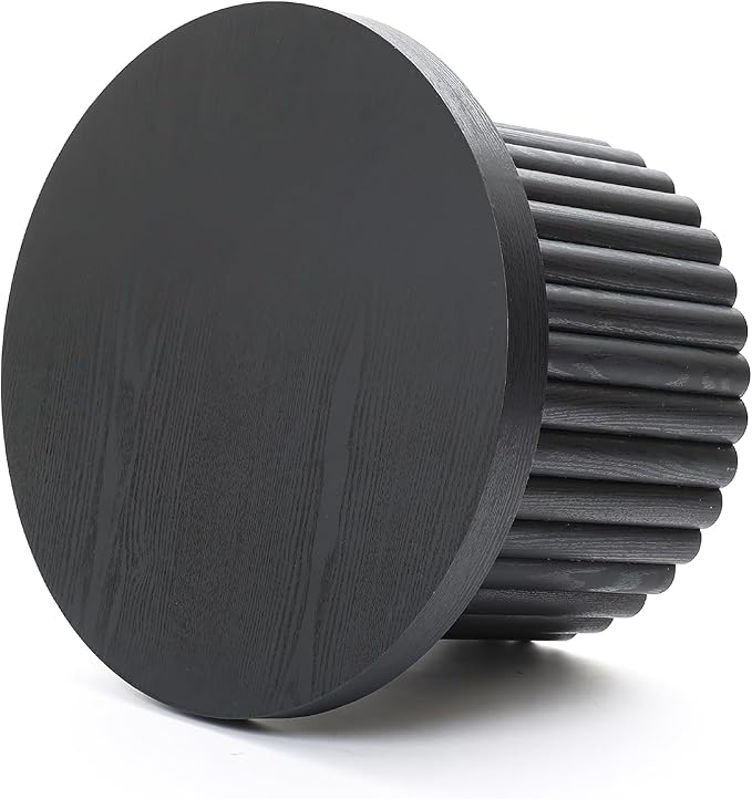 LuxenHome End Table, 23.6" Wide Black Wood Fluted Round Coffee Table Modern Side Tables for Living Room Round Wood Small Accent Tables for Bedroom