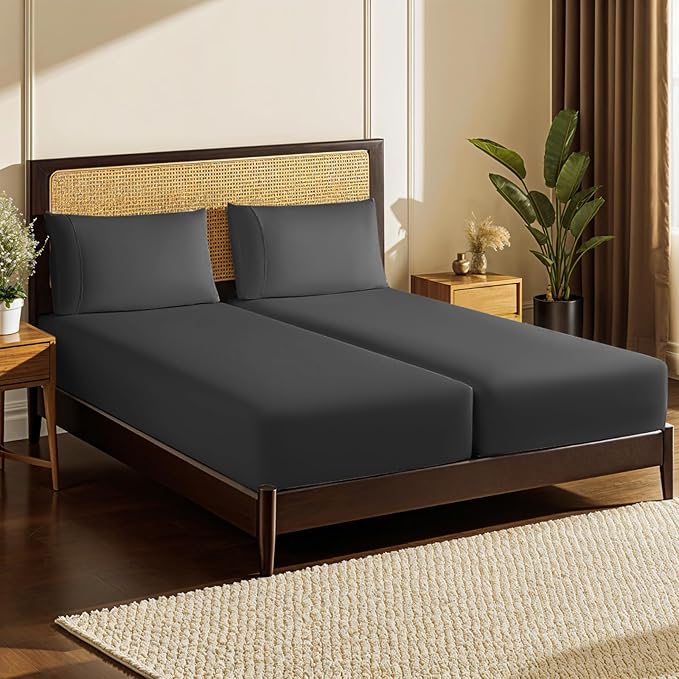 LBRO2M Split King Sheet Sets for Adjustable Bed 1000 Thread Count 100% Egyptian Cotton Sheet, 5 Piece Sets Bed Sheet Deep Pocket Up to 16" Soft Comfortable All Season (Split King, Black)
