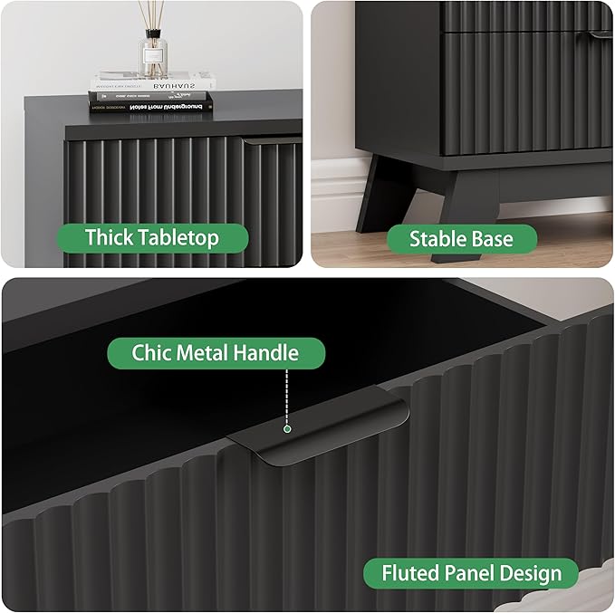 Fluted Nightstand, 31.5" Wide Side Table with 4 Large Storage Drawers, Mid Century Modern Wood Night Stand with Metal Handle, Wooden Bedside End Table for Bedroom, Living Room, Closet, Black