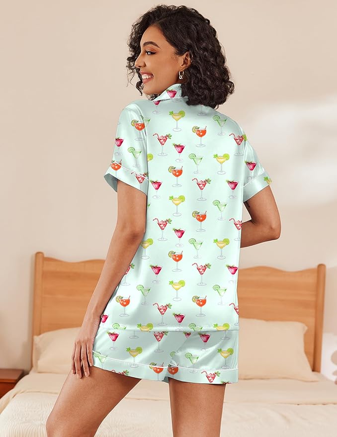 Ekouaer Women's Silk Satin Pajama Set Short Sleeve Pjs Shorts Set Comfy Button Down 2 Piece Sleepwear Loungewear