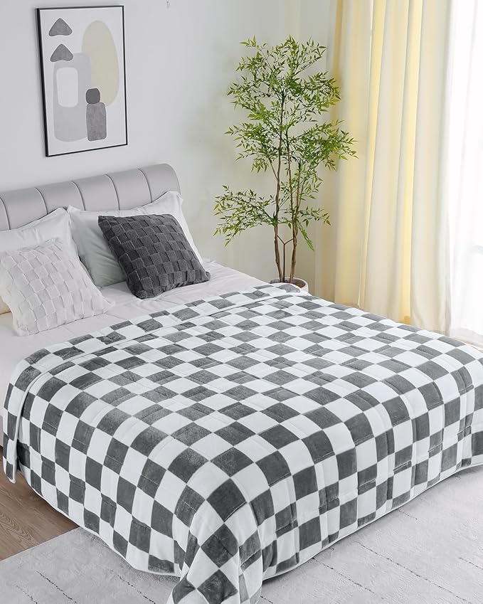 Uttermara Weighted Blanket Queen Size(20lbs, 60" x 80", Plaid Grey), Double Side Premium Soft Flannel Fleece Weighted Throw Blanket, Reversible Checkerboard Print Heavy Blanket for Adults Couch Bed