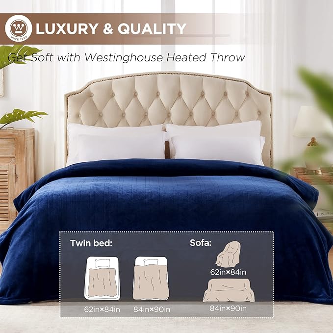 Westinghouse Heated Queen Size Blanket - Electric With 10 Heating Levels, 1-12 Hours Auto Shut Off, Fast Warming, Machine Washable (84x90 Inches, Navy Blue)