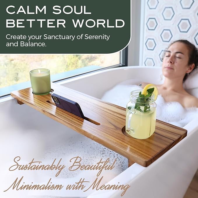 Superior Teak Bath Tub Tray Wood for Small Tubs - Adjustable Bathtub Table Tray - Sustainable Minimalist Bathtub Shelf Across Tub - Anti-Slip Bathroom Accessories Holders for Tub 29" in.