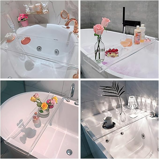 Bathtub Tray Table, Clear Acrylic, Anti-Slip Bath Caddy, (Amber, L29.9 x W7.87 x H1.18)