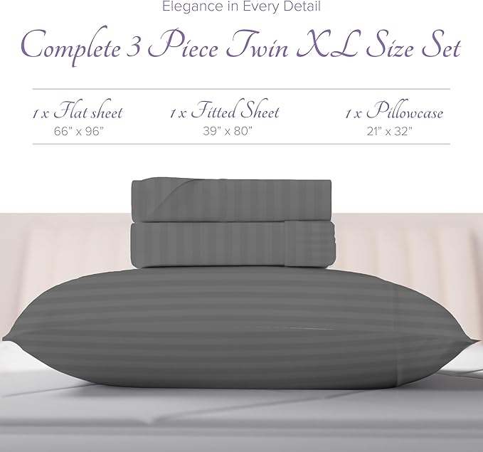 Carressa Linen Luxury Egyptian Cotton Twin XL Stripe Sheet Set - 600 Thread Count Extra Long Staple 3 PC Set, Dark Grey Twin XL Damask Sheets, Soft, Cooling Sateen Weave Sheets Upto 18 in Deep Pocket