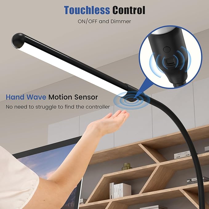 Hand-Wave LED Desk Lamp with Clamp, Touchless On/Off, Color Temperature Adjustable 3000K-6500K, Flicker-Free Eye-Caring Reading Light, Clip-On Desk Light for Home Office/Study/Monitor/Desk (110V)