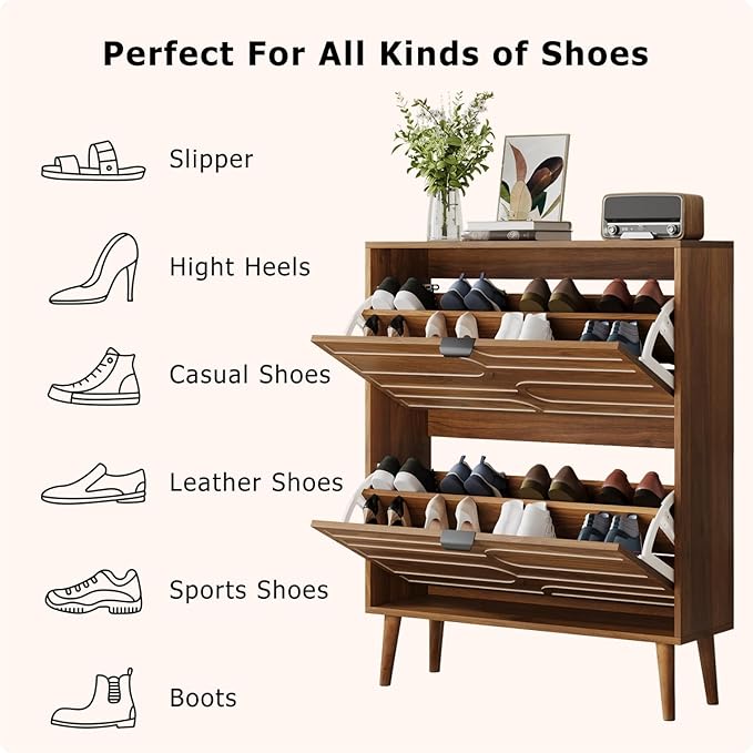 Vibe & Dine Modern Shoe Cabinet with 2 Flip Drawers, Shoe Storage Organizer for Entryway Slim, Freestanding Wood Shoe Rack Cabinet for Hallway, Bedroom, Living Room, Walnut