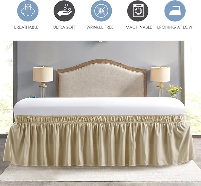 FreshCulture Twin Bed Skirt, Elastic Wrap Around Bed Skirt Twin Bed, Easy Fit with 15-Inch Tailored Drop, Hotel Quality Bed Skirts for Adjustable Bed (Beige)