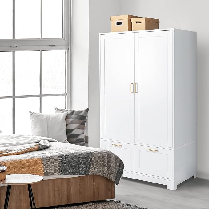 VINGLI Armoire Wardrobe Closet with Doors and Drawers, Wardrobe Cabinet, Armoire with Drawers, White Closet, 35" W x 20" D x 60" H