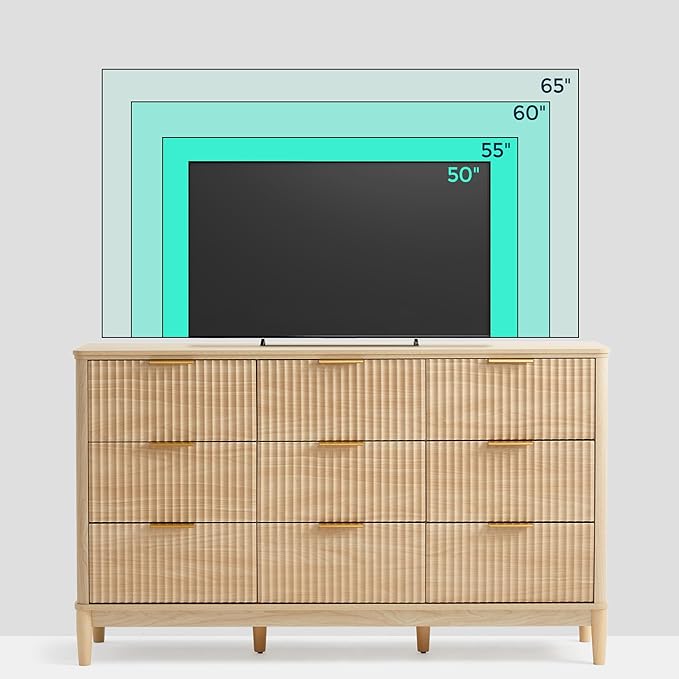 LINSY Fluted Dresser for Bedroom with 9 Drawers, Mid Century Modern Chest of Drawers with Gold Metal Handles, Wide Boho Wood Dressers, Large Farmhouse Storage Cabinet for Bedroom, Living Room, Oak