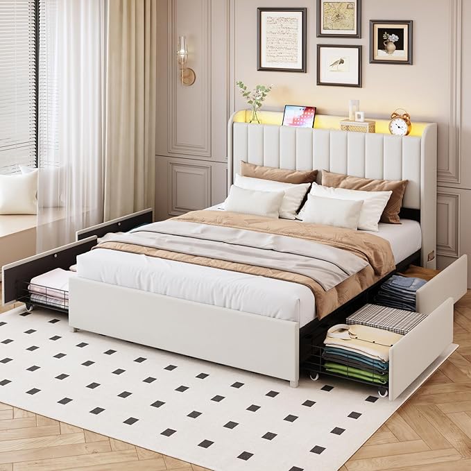 Full Bed Frame with 4 Drawers and Storage Headboard, Upholstered Platform Bed Frame Full Size with Led Lights and Handy Charging Station, No Box Spring Needed, Easy Assembly, Noise Free, Beige
