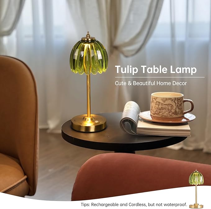 Tulip Table Lamp with 5000mAh Battery & Touch Control, Small Cordless Table Lamp with 3 Colors, Dimmable Rechargeable Battery Operated Table Lamps for Bedroom, Bedside, Desk (Green Tulip)