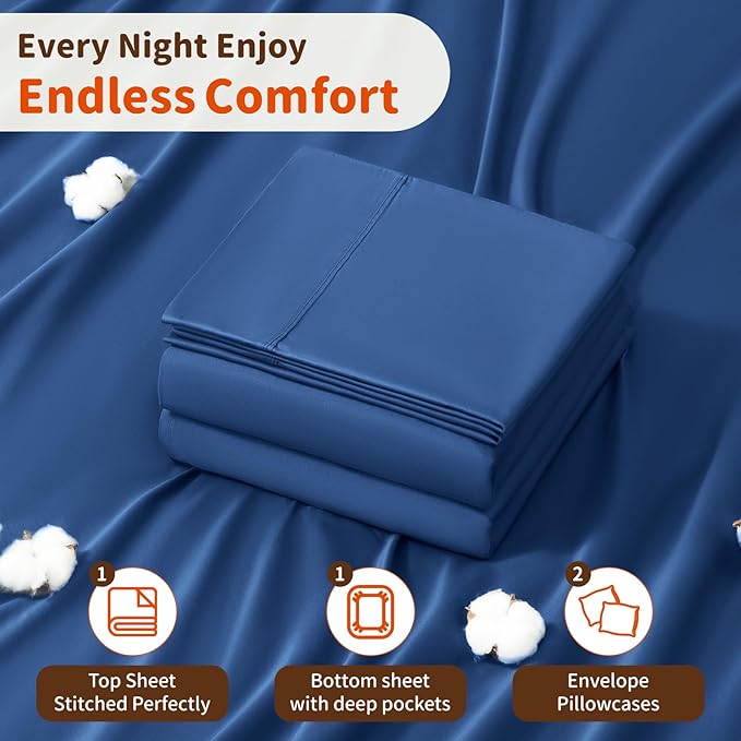 LBRO2M 100% Cotton Sheets Set Deep Pocket 24", 1000 Thread Count Full Size 4 Piece Bed Sheet Sets Soft Comfortable Bedding All Seasonn (Full, Navy Blue)