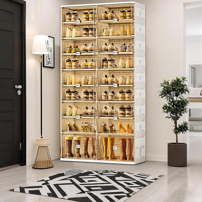36 Pairs Shoes Storage Cabinet of 3-Step Fast Installation,Plastic Shoe Rack with Clear Magnetic Door for Display, Shoe Organizer for Sneaker, Sandals, Heels (2 Row, 9 Tier)