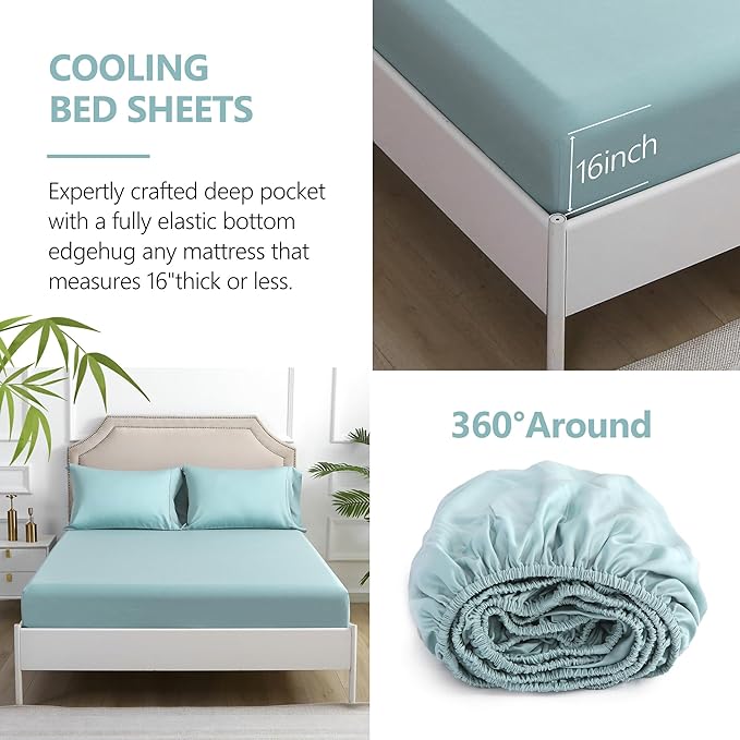 Linen World Lyocell Cooling Bed Sheets Set King Size,100% Organically Grown Viscose Sheets,Deep Pocket Up to 16",4 Pieces Silky Soft,Breathable Bedding Sheets & Pillowcases(Ice Blue,King)