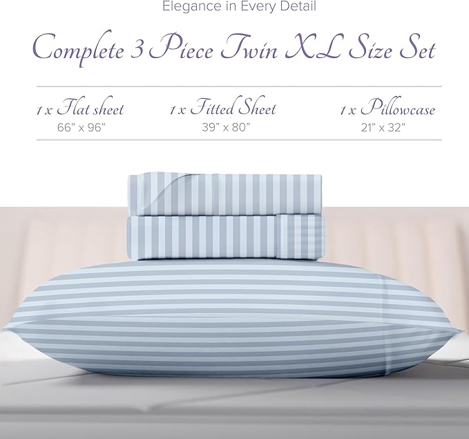 Carressa Linen Striped Egyptian Cotton Sheets Twin XL Size - 600 Thread Count 3 PC Damask Twin XL Sheets Deep Pockets, Sateen Weave College Dorm Bedding, Fits Mattress Upto 18"- Light Blue Stripe