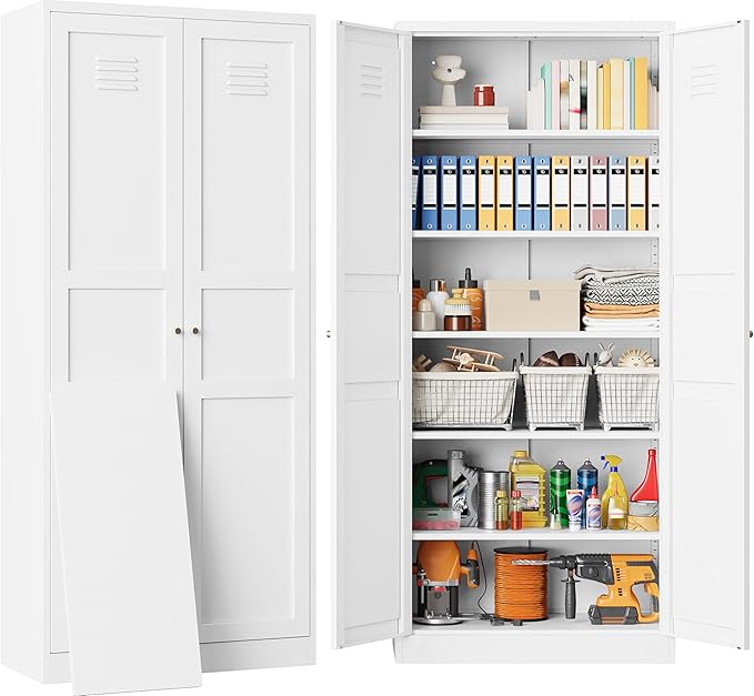 SISESOL 71" Tall Pantry Cabinet with 2 Doors and 6 Shelves,Kitchen Pantry Storage Cabinets,White Metal Storage Cabinet,Wide Deep Food Cupboard for Home,Kitchen,Dining/Living Room