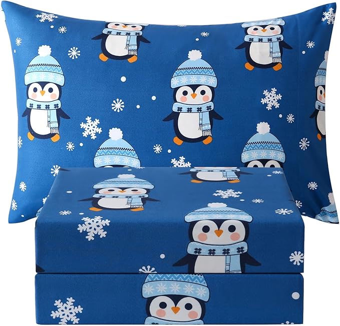 JSD Penguin Snowflakes Kids Christmas Sheet Set Twin Size, 3 Piece Blue Printed Microfiber Sheets Deep Pocket