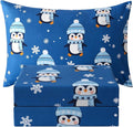 JSD Penguin Snowflakes Kids Christmas Sheet Set Twin Size, 3 Piece Blue Printed Microfiber Sheets Deep Pocket