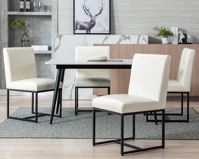CIMOTA Cream Leather Dining Chairs Set of 4, Modern Dining Room Chairs Upholstered Armless Guest Side Chair with Black Base for Dining Room/Kitchen, Cream White 4PCS
