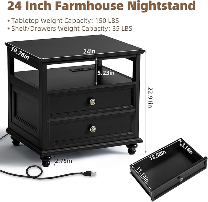 Farmhouse Nightstand with Charging Station, 24" Wide End Table with 2 Drawers, Black Dresser for Bedroom, Bed Side Table Chest of Drawers Cabinet,Wood Night Stand for Living Room, Closet
