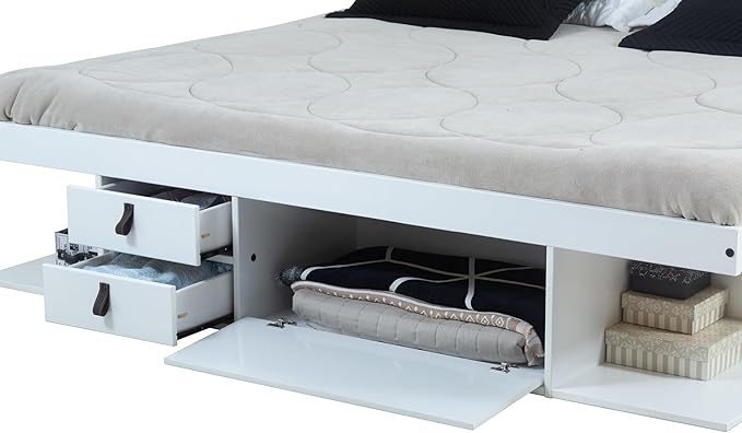 memomad Bali Slim Set: Storage Platform Bed with Drawers + Flat Panel Headboard (King Size, White Wood)