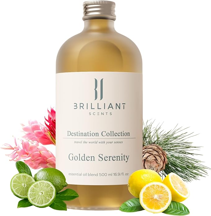 Brilliant Scents Golden Serenity Fragrance Oil 200ml - Premium Diffuser Oil for Home, Office, Hotels - Long Lasting, Plant-Based, Meets IFRA Standards, USA-Made - Mandarin, Tea Rose, Musk