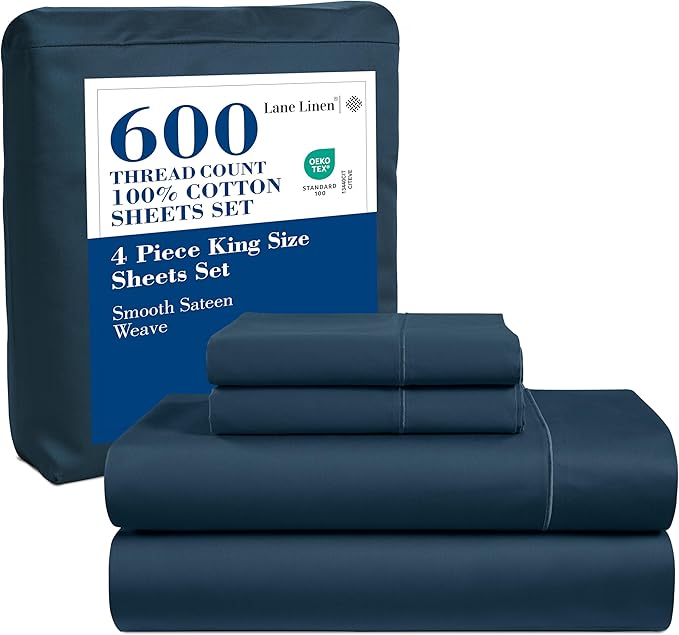 LANE LINEN King Bed Sheets – 600 Thread Count Long-Staple 100% Cotton King Size Bed Sheets, Hotel Luxury Soft Silky Sateen Weave, Durable for Daily Use, Fully Elasticized 15" Deep Pocket – Denim