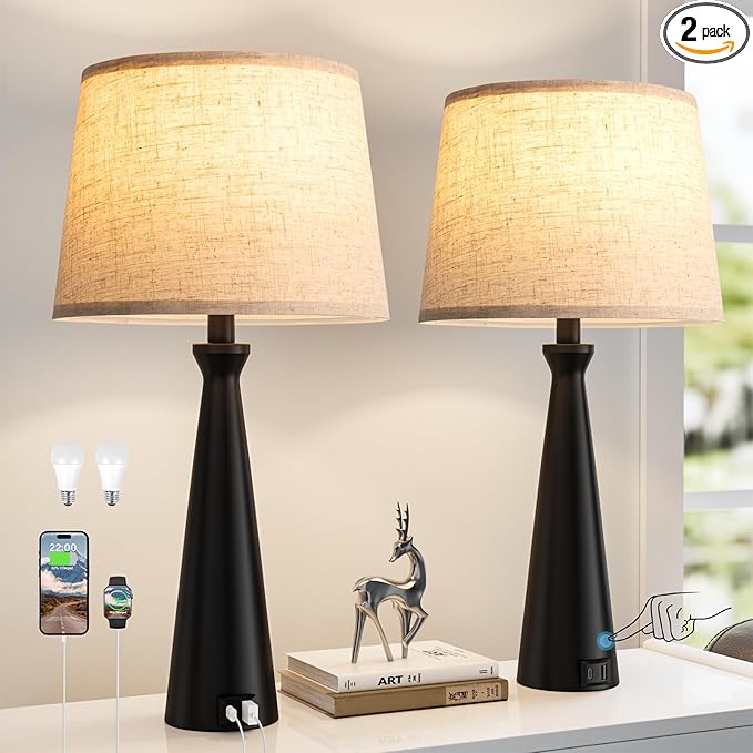 Seealle Modern Table Lamps Set of 2 - Touch Bedside Lamp for Nightstand with Dual USB C+A,3-Way Dimmable Black Nightstand Lamps for Living Room Bedroom End Table with Beige Shade(Bulb Included)