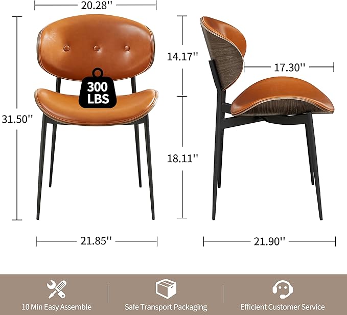 Art Leon Mid Century Modern Dining Chairs, Set of 2, Faux Leather Kitchen Dining Room Chairs, Armless Accent Chairs with Metal Legs, Gray Oak/Brown