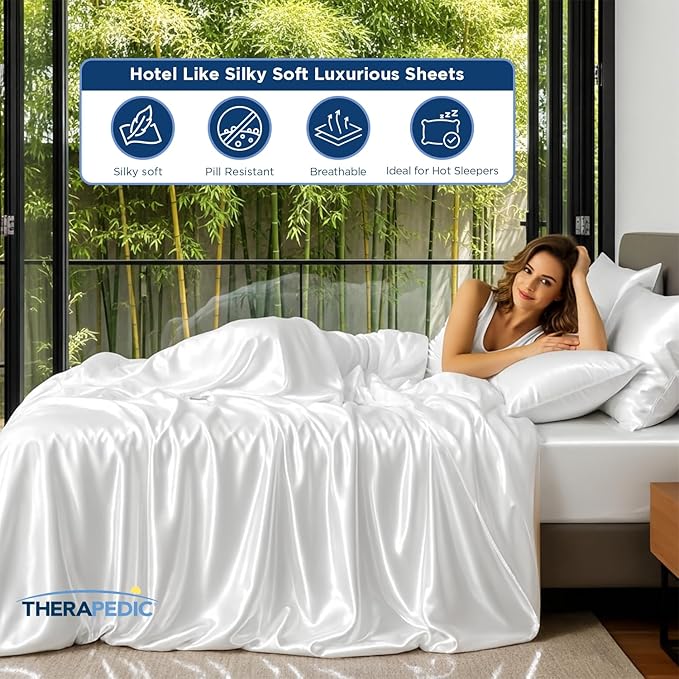 Therapedic 1000TC King 6-Piece Sheet Set - 100% Organic Rayon Derived from Bamboo Blend with Cooling Fiber, Ideal for Hot Sleepers - 16" Deep Pocket Fitted Sheet, Bonus Pillowcases - Ivory