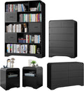 5 Piece Bedroom Sets, Modern Dresser and Nightstand Sets & Bookshelf with Safe Curved Design, Including Tall Bookshelf High & Wide 6 Drawer Dressers and Night Stand Set of 2 for Bedroom, Black