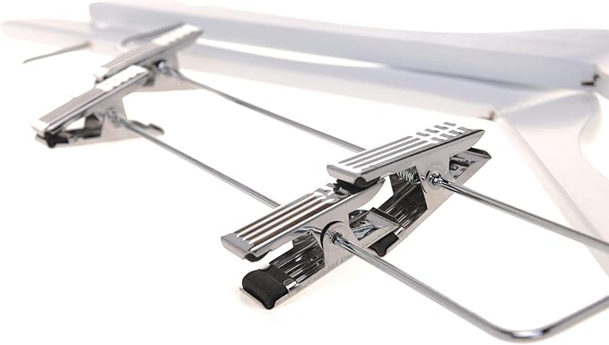 Quality Wooden Skirt Hangers with Clips, 20-Pack Semi Curved, Smooth Solid Wood Pants Hangers with Durable Adjustable Metal Clips, Swivel Hook, Coat, Jacket, Blouse Suit Hangers (White, 20)
