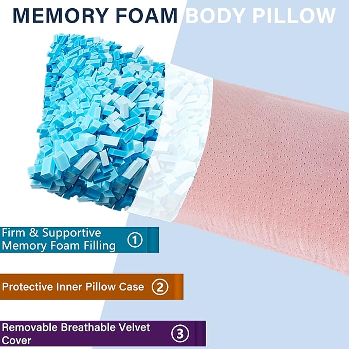 Body Pillow, Memory Foam Body Pillows for Adults Sleeping, Long Pillow for Bed, Big Large Firm Full Body Pillow for Side Sleeper, 20x54 Inch, Light Pink