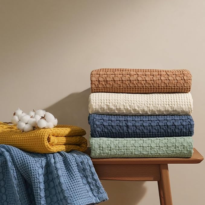 PHF 100% Cotton Waffle Weave Blanket King Size for Bed, Soft Lightweight & Breathable, All-Season Comfort, Luxury Aesthetic Woven Bedding for Home Decor, 108"x90", Clay