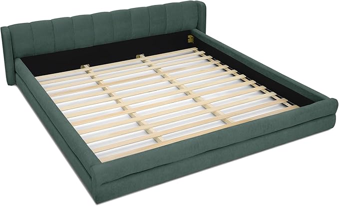 DEINPPA King Size Bed Frame with Cloud Soft Headboard, Chenille Upholstered Grounded Wood Base Bed Frame, No Box Spring Needed-Blue+Green