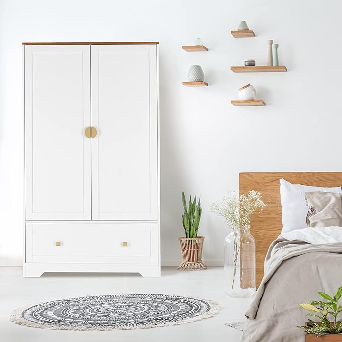 VINGLI 38" Wide Wardrobe Closet, White Armoire Wardrobe with Hanging Rod, Shelves and Drawer, Freestanding Closet Armoire Cabinet,Armoires and Wardrobes with Doors for Bedroom,Dorm,21"D x 38"W x 65"H