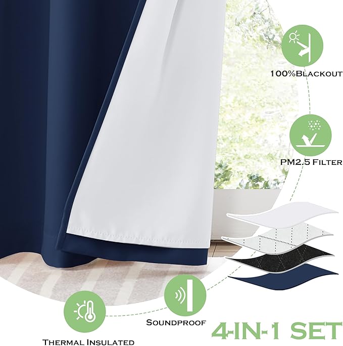KGORGE Anti Dust Soundproof 100% Blackout Curtains 4 Layers Heavy Duty Energy Efficiency Window Curtains for Living Room Baby Bedroom Home Office Studio, Wide 52 x Long 95 inches, Navy Blue, 2 Panels
