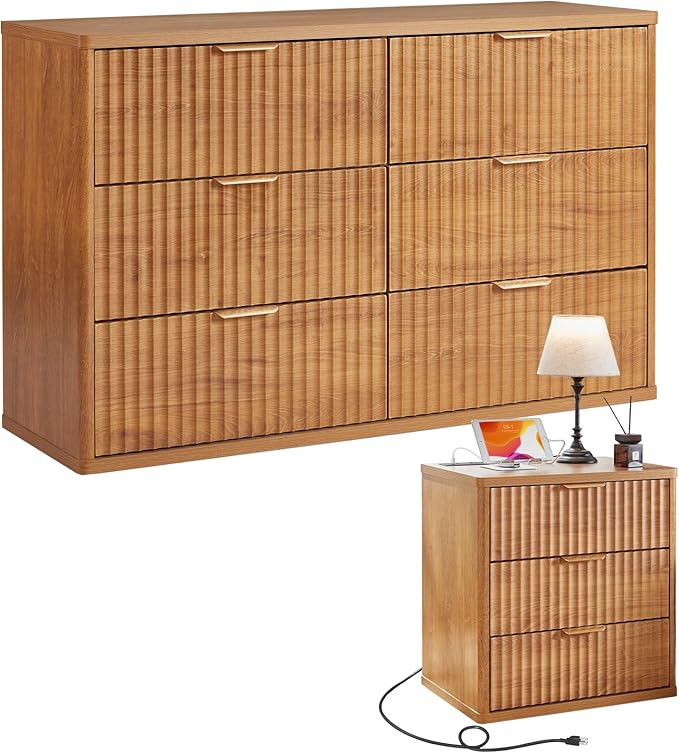 LEYAOYAO Fluted Dresser and Nightstand Sets, Wood 48" Wide Dresser & 23" Night Stand with Charging Station, 2 Piece Bedroom Furniture Set, Chest of Drawers for Bedroom, Home, Living Room, Brown